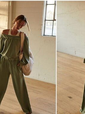 FP Movement by Free People Olive Off-Shoulder Wide-Leg Jumpsuit